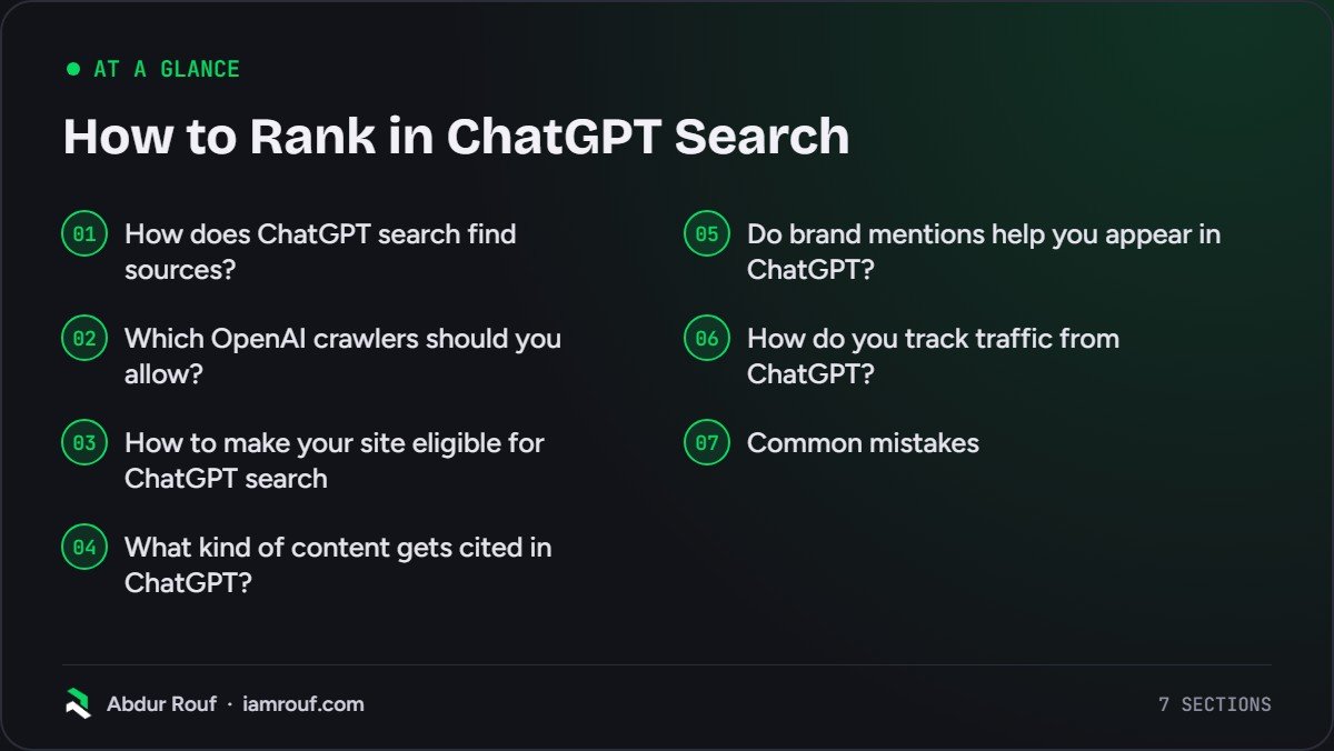 At a glance: the 7 sections of this guide: How does ChatGPT search find sources?; Which OpenAI crawlers should you allow?; How to make your site eligible for ChatGPT search; What kind of content gets cited in ChatGPT?; Do brand mentions help you appear in ChatGPT?; How do you track traffic from…