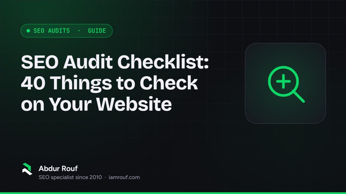 Cover graphic for "SEO Audit Checklist: 40 Things to Check on Your Website" by Abdur Rouf